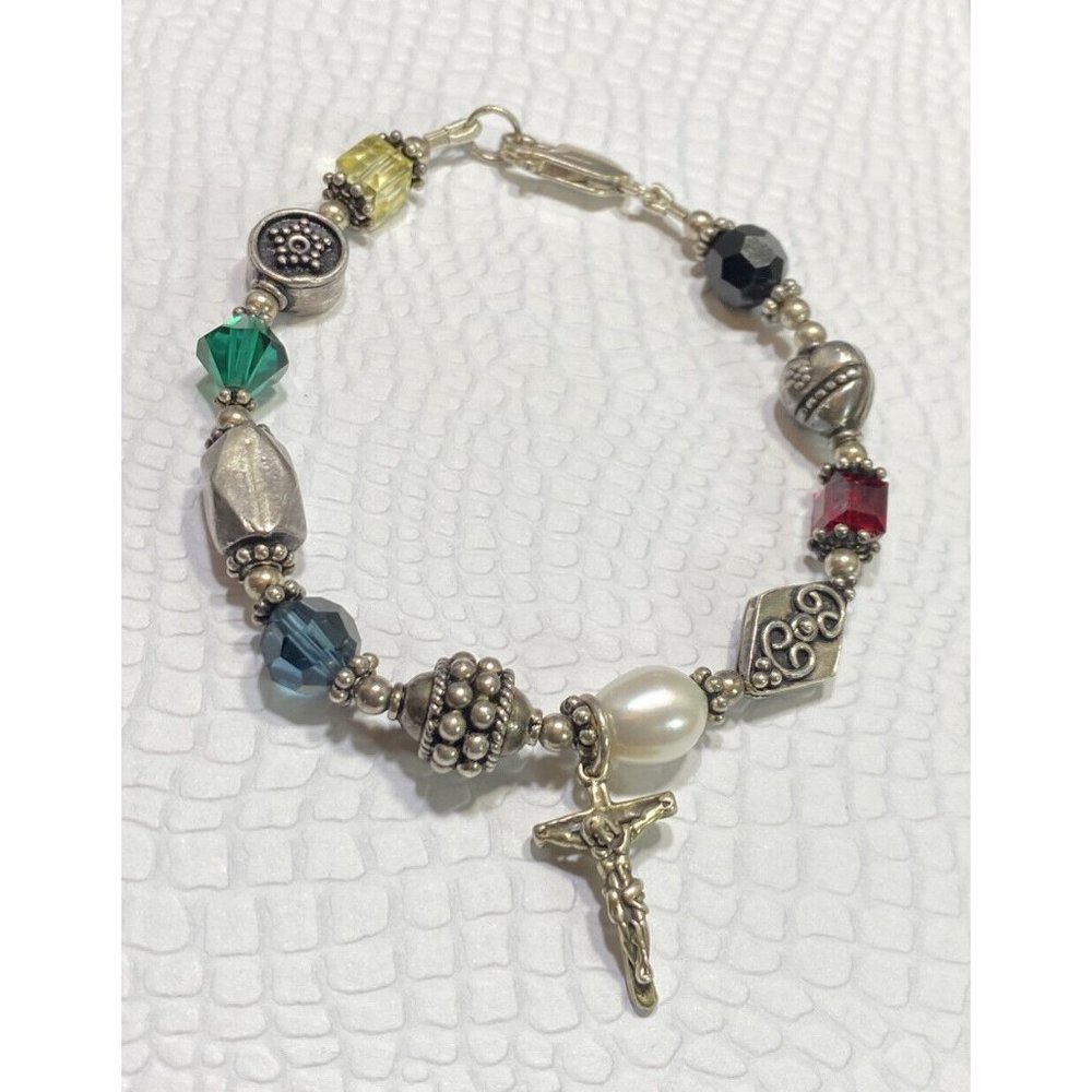 925 Sterling Faceted Crystal Ornate Spacers Heart With Crucifix Charm Bracelet